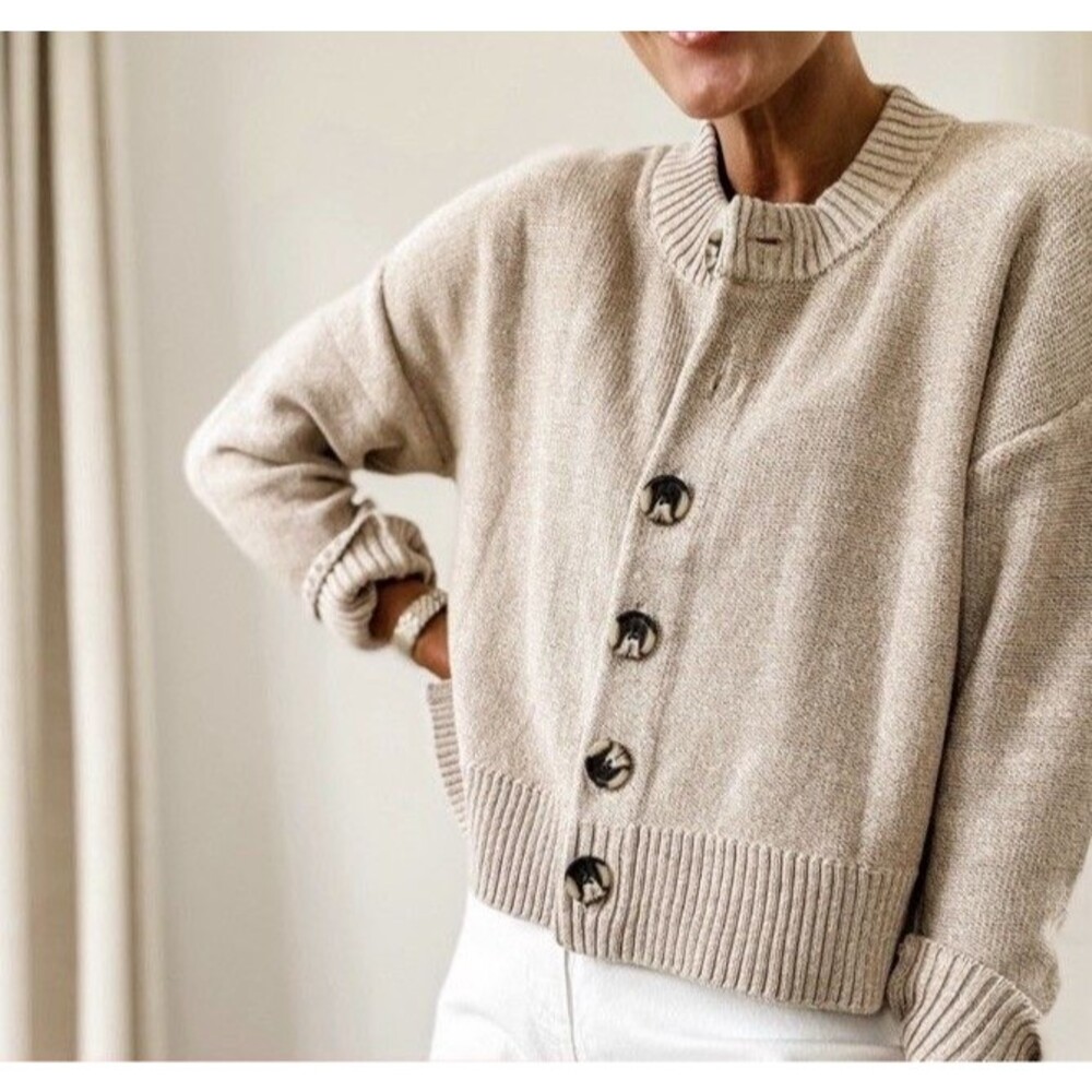 Quince Organic Cotton Cropped Cardigan Womens Large Beige Boxy Oversized Sweater